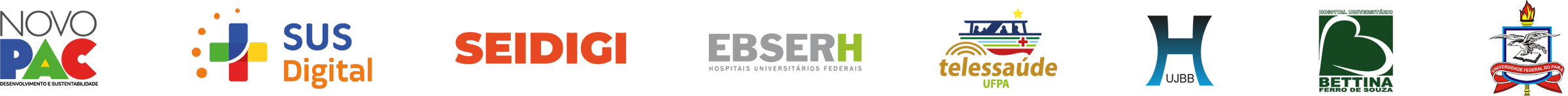 Logos do Novo PAC, SUS Digital, SEIDIGI, EBSERH, Telessaúde UFPA, Hospital Universitário Barros Barreto, Hospital Universitário Bettina Ferro de Souza e Universidade Federal do Pará.